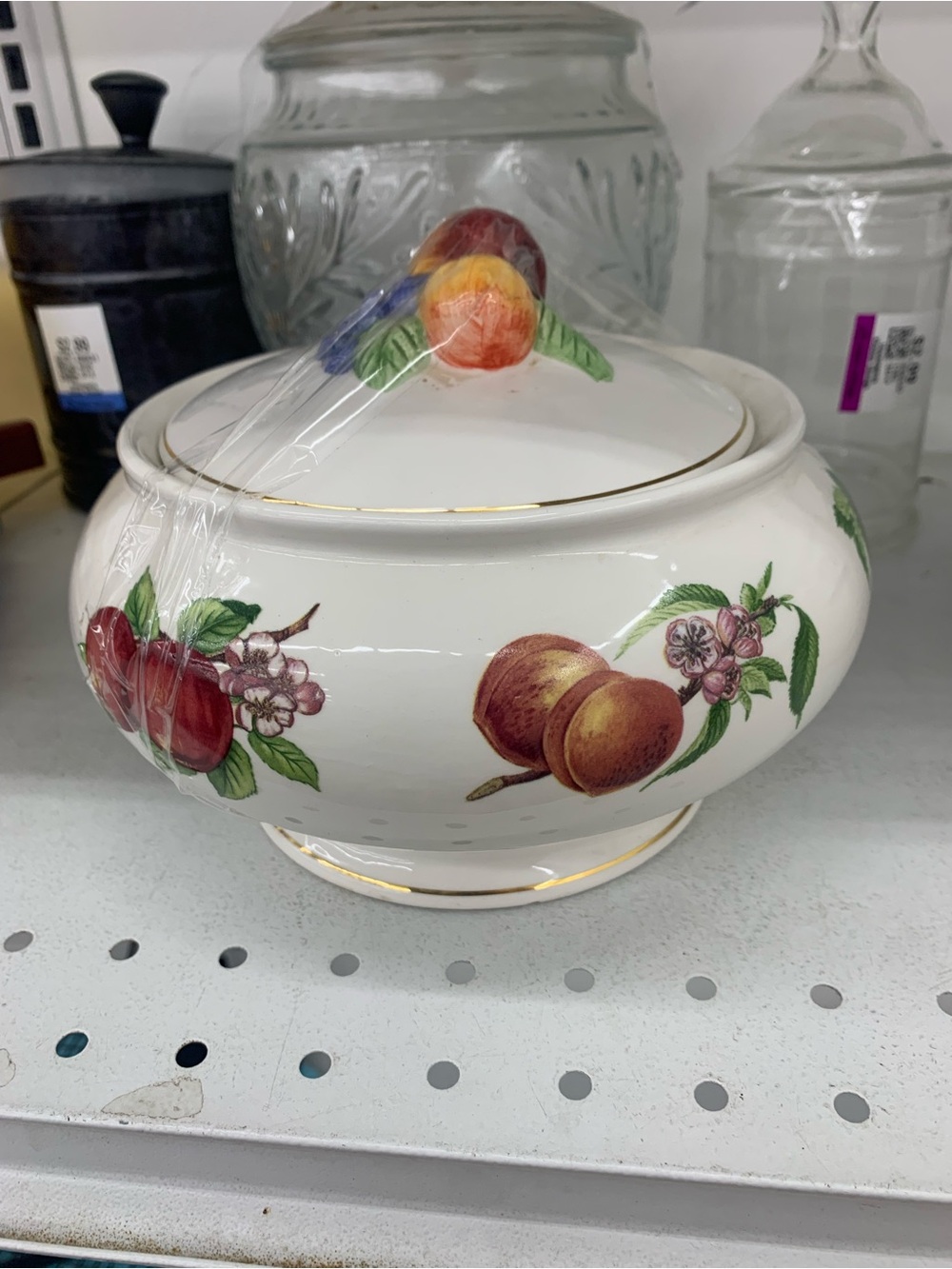 Classic White Ceramic Fruit-Print Covered Sugar Bowl